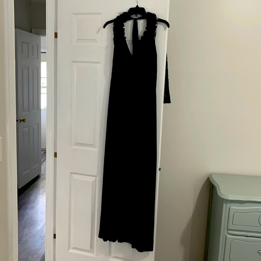 Black ruffle front halter formal dress